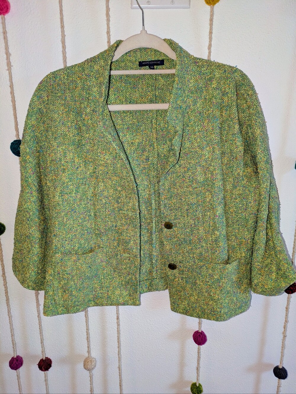 Adolfo Dominguez Light Green Bouclé Open Front Blazer